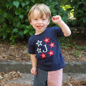 4th of July Shirt for Boys - Monogrammed Embroidered Stars and Stripes Independence Day Outfit with Matching American Flag Shorts Set