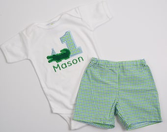 Alligator First Birthday Shirt - Gator 1st Birthday Outfit - Blue Green Gingham Shorts Set - Personalized Bodysuit 2nd 3rd 4th Monogrammed