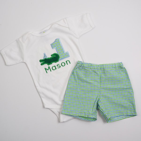 Alligator First Birthday Shirt - Gator 1st Birthday Outfit - Blue Green Gingham Shorts Set - Personalized Bodysuit 2nd 3rd 4th Monogrammed