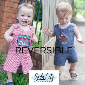 Boys Reversible Shortall - Summer Chambray Appliqued Romper - Red Gingham Strawberry Embroidered Jon Jon - Monogrammed Shrimp Boat Outfit