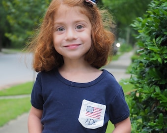 Girls Personalized American Flag Pocket Tee with Ruffled Shorts- Perfect for 4th of July!