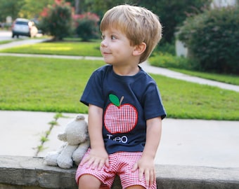 Boys Back to School Outfit - Personalized Apple Applique Shirt with Red Gingham Shorts, Perfect for First Day of Preschool and Kindergarten