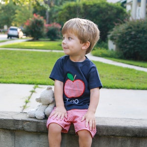 Boys Back to School Outfit Personalized Apple Applique Shirt with Red Gingham Shorts, Perfect for First Day of Preschool and Kindergarten image 1