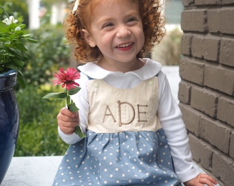 Little Girls Monogrammed Pinafore style Dress - Personalized Chambray Polka Dot Fall Layering Dress for Babies or Toddlers