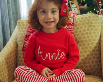 Girls Christmas Pajamas - Red Striped PJs, Unisex for Siblings to wear Christmas Day, Embroidered with Chain Stitch Monogram or Name