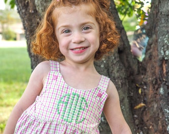 Personalized Gingham Dress for Toddler, Baby, or Big Girls - Pink and Green Gingham Pinafore Dress with Scalloped Circle Monogram