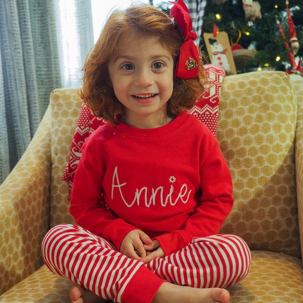 Girls Christmas Pajamas - Red Striped PJs, Unisex for Siblings to wear Christmas Day, Embroidered with Chain Stitch Monogram or Name