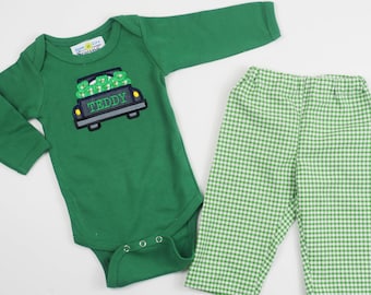 Baby St Patrick's Day Outfit - Baby Boy St Patricks Shirt - Boys Shamrock Truck Applique Bodysuit - St Patricks Day T-Shirt for Kids - Green