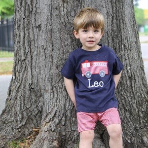 Personalized Shirt for Boys Fire Truck Shirt & Red Gingham Shorts Set Fire Truck Applique Tee Toddler Boy Clothes Little Boy Outfits image 1