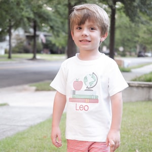 First Day of Preschool Shirt - Vintage Stitch Boys Back to School Embroidery - Monogrammed 1st Day T-Shirt with Sketch Globe, Books, Apple