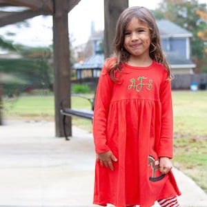 Girls Monogrammed Christmas Dress - Red Knit Dress with Rocking Horse Applique - Toddler & Baby Girl Long Sleeved Dress - Red Holiday Dress