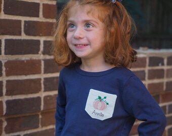 Girls Personalized Fall Pumpkin Navy Pocket Tee with Matching Pink Gingham Skirt