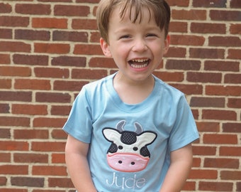 Toddler Boy Farm Shirt & Matching Shorts - Holstein Cow Applique and Blue Gingham Shorts Outfit - Personalized Farm Animal Shorts Set