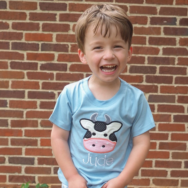 Toddler Boy Farm Shirt & Matching Shorts - Holstein Cow Applique and Blue Gingham Shorts Outfit - Personalized Farm Animal Shorts Set