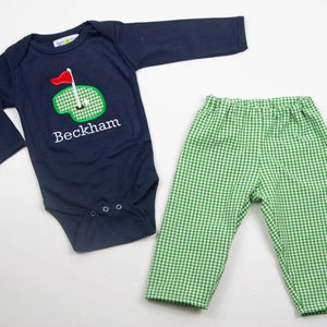 Boys Golf Outfit - Embroidered Golf Applique Shirt or Bodysuit and Matching Pants Set - Navy Long Sleeved Tee - Green Gingham Pants - Golfer