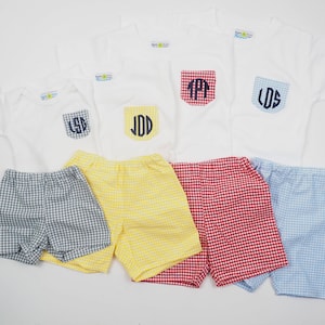 Personalized Initial Pocket Tee Shirt - Monogrammed Preppy Toddler Boy Clothes - Red Gingham Shorts Top Outfit Set - Baby Boy Shower Gift