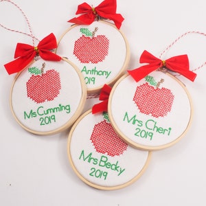Personalized Teacher Christmas Gift - Cross Stitch Embroidery Apple Ornament - Preschool teacher present with name - Unique Original G