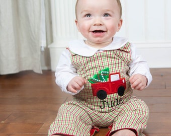 Preppy Christmas Overalls - Red Green Gingham Outfit - Christmas Tree Truck Applique Longalls - Boys Christmas Jon Jon - Toddler Boy Romper