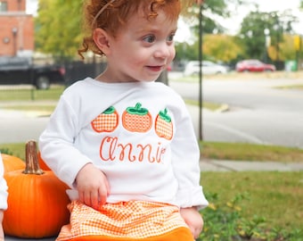 Little Girls Pumpkin Applique Tee - Orange Gingham Skirt - Fall Girls Clothes - Baby Girl Outfit - Monogrammed Girls Fit Shirt Personalized