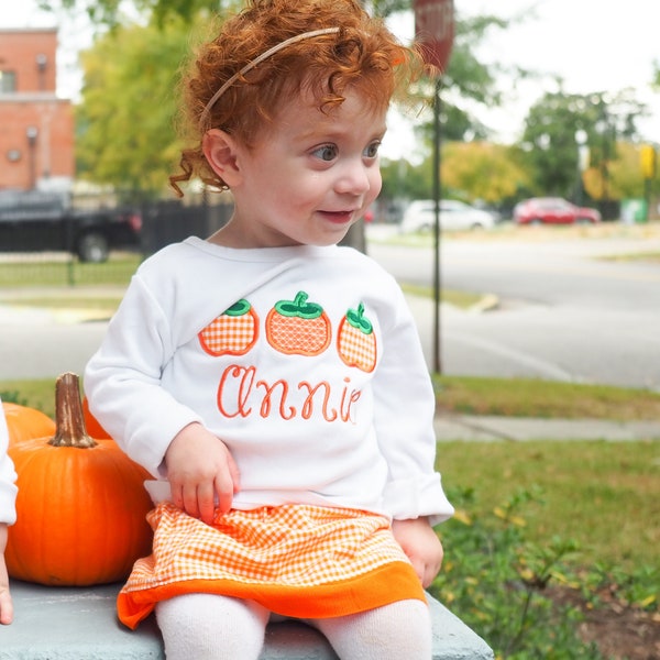 Little Girls Pumpkin Applique Tee - Orange Gingham Skirt - Fall Girls Clothes - Baby Girl Outfit - Monogrammed Girls Fit Shirt Personalized