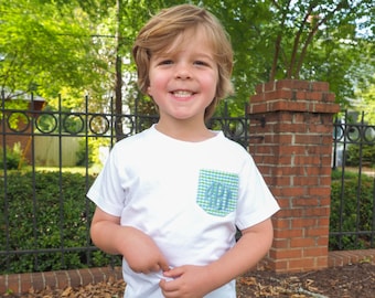 Personalized Pocket T-Shirt for Boys - Blue Green Gingham Monogrammed Shorts Set - Toddler Boys Clothes - Initial Outfit for Baby Boys