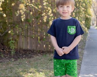 Boys Horse Outfit - Monogrammed Pocket Tee for Toddlers - Personalized Baby Clothes - Initial Monogram Tee - Navy Shirt & Kelly Green Shorts