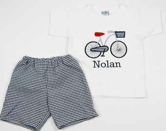 Cute Toddler Boy Outfit - Bicycle Applique Shirt - Summer Toddler Clothes - Navy Gingham Shorts - Bike T-shirt for Boys - Little Boy Shirts