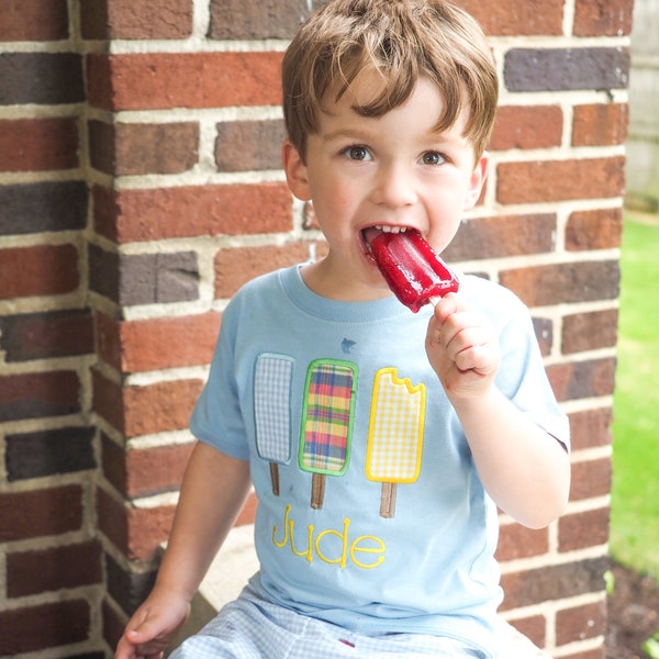 Summer Boys Applique Outfit - Popsicle Shirt with Light Blue Gingham Shorts for Little Boys - Personalized Baby Boy Clothes Ice Cream Party