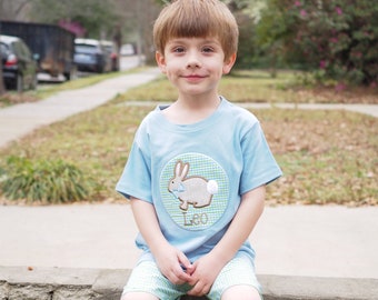 Little Boys Personalized Easter Bunny Shirt with Light Blue Gingham Shorts - Comfortable Easter Outfit for Toddler Boys