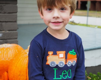 Toddler Boy Pumpkin Outfit - Train Pumpkin Applique Shirt - Orange Gingham Pants - Monogrammed Pumpkin Patch Tee for Little Boys - Matching