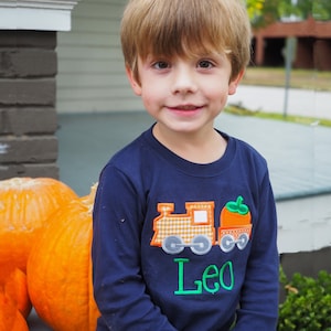 Toddler Boy Pumpkin Outfit - Train Pumpkin Applique Shirt - Orange Gingham Pants - Monogrammed Pumpkin Patch Tee for Little Boys - Matching