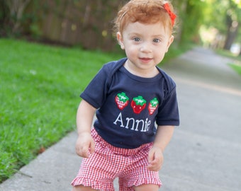 Girls Strawberry PIcking Shorts Set - Personalized Applique Tee for Baby or Toddler Girl - Red Gingham Ruffle Shorts - Summer Girls Clothes