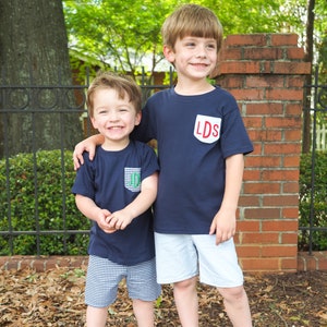 Navy Boys Monogrammed Pocket Shirt Outfit- Navy Pocket Shirt with Light Blue Gingham Shorts