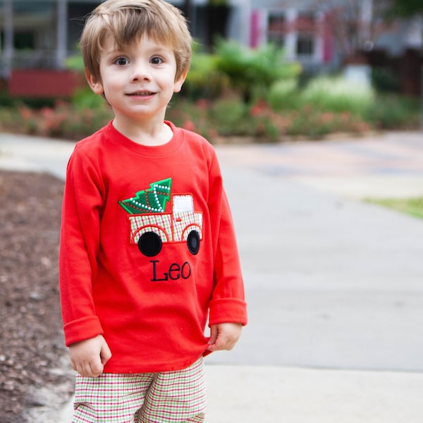 Christmas Tree Truck Shirt - Toddler Boys Red Holiday Applique Tee - Red Green Gingham Pants Matching Shirt - Monogrammed Boys Christmas Tee