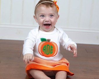 Baby Girl Pumpkin Monogram Outfit - Orange Gingham Skirt - Embroidered Personalized Bodysuit - Infant Fall Shirt & Skirt Set for Little Girl