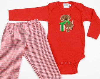 Christmas Outfit for Boys - Puppy Dog Shirt - Boys Christmas Shirt - Baby Boy Christmas T-Shirt - Boys Red Gingham Pant - Christmas bodysuit