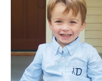 Monogrammed Baby Dress Shirt - Chambray Oxford Button Up Shirt - Toddler Button Down Collared Shirt - Kids Oxford Wedding Boy or Girls Shirt