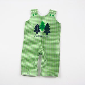 Woodland Boys Outfit - Green Gingham Christmas Romper - Boys Appliqued Longall for Christmas - Christmas Trees Overalls - Monogrammed Boys