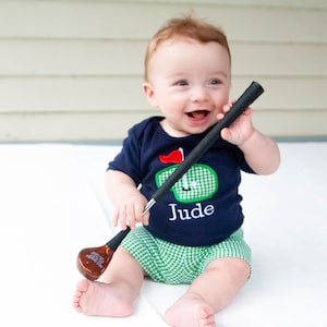 Baby Golf Shirt - Baby Shower Gift for Golfer - Masters Baby Outfit - Green Gingham Shorts - Boys Applique Golfing Outfit