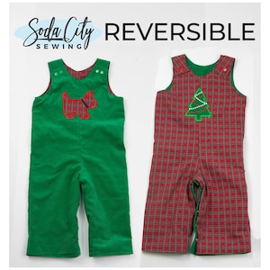 Red Tartan Plaid Christmas Outfit for Boys - Kelly Green Corduroy Overalls with Appliqued Scottie - Reversible Baby Boy Personalized Longall