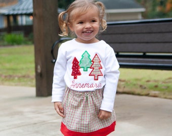 Personalized Christmas Trees Shirt for Girls - Red & Green Gingham Skirt and Matching Holiday Trees Appliqued T-Shirt - Monogrammed Toddler