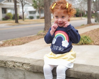 Little Girls Rainbow Applique Outfit - Toddler Girl Personalized Tee and Matching Yellow Gingham Skirt Set - Girly Birthday Gift for Baby