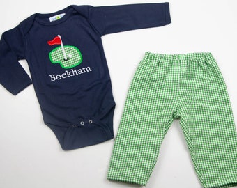 Boys Golf Outfit - Embroidered Golf Applique Shirt or Bodysuit and Matching Pants Set - Navy Long Sleeved Tee - Green Gingham Pants - Golfer