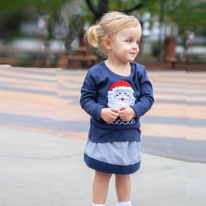 Girls Christmas Outfit Santa Applique Shirt & Navy Gingham Skirt Toddler Girl Holiday Clothes Baby Girl Personalized Christmas Tee image 2