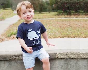 Little Boys Personalized Shirts - Navy Nautical Whale Tee and Blue Seersucker Shorts for Toddler Boys, Great First Birthday Clothing Gift