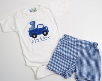 1st Birthday Shirt - Blue Truck First Birthday Outfit - Monogrammed Birthday Outfit - Little Boys Truck Shirt - Royal Blue Gingham Shorts