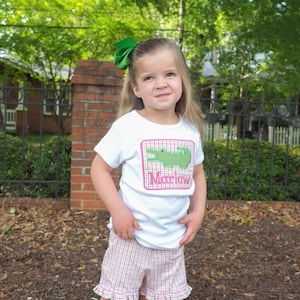 Personalized Alligator Applique Girls Fit Shirt and Matching Pink Green Gingham Ruffled Shorts