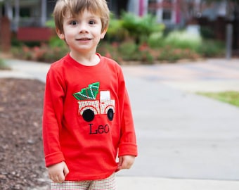 Christmas Tree Truck Shirt - Toddler Boys Red Holiday Applique Tee - Red Green Gingham Pants Matching Shirt - Monogrammed Boys Christmas Tee