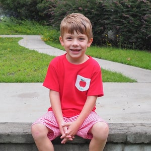Zurück in der Schule Personalisiertes Taschen-T-Shirt - Apfel Kreuzstich besticktes T-Shirt mit roten Gingham Shorts - Erster Tag des Kindergartens Outfit
