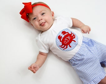 Baby Girl Shorts Outfit - Girls Monogrammed Crab Shirt - Initials Outfit for Baby - Personalized Baby Outfit - Summer Shorts Applique Set